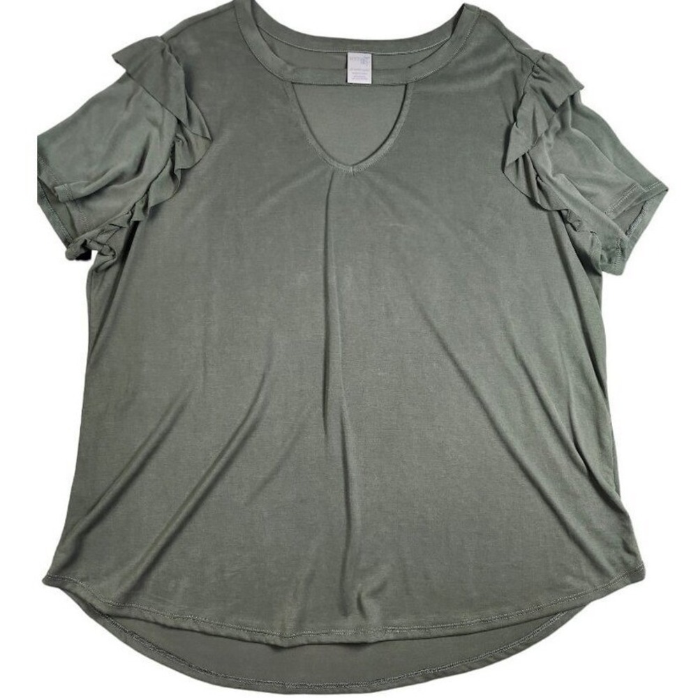 Terra &‎ Sky Olive Green Ruffle Sleeve Cutout V-Neck Top Plus Size 2X 20W-22W